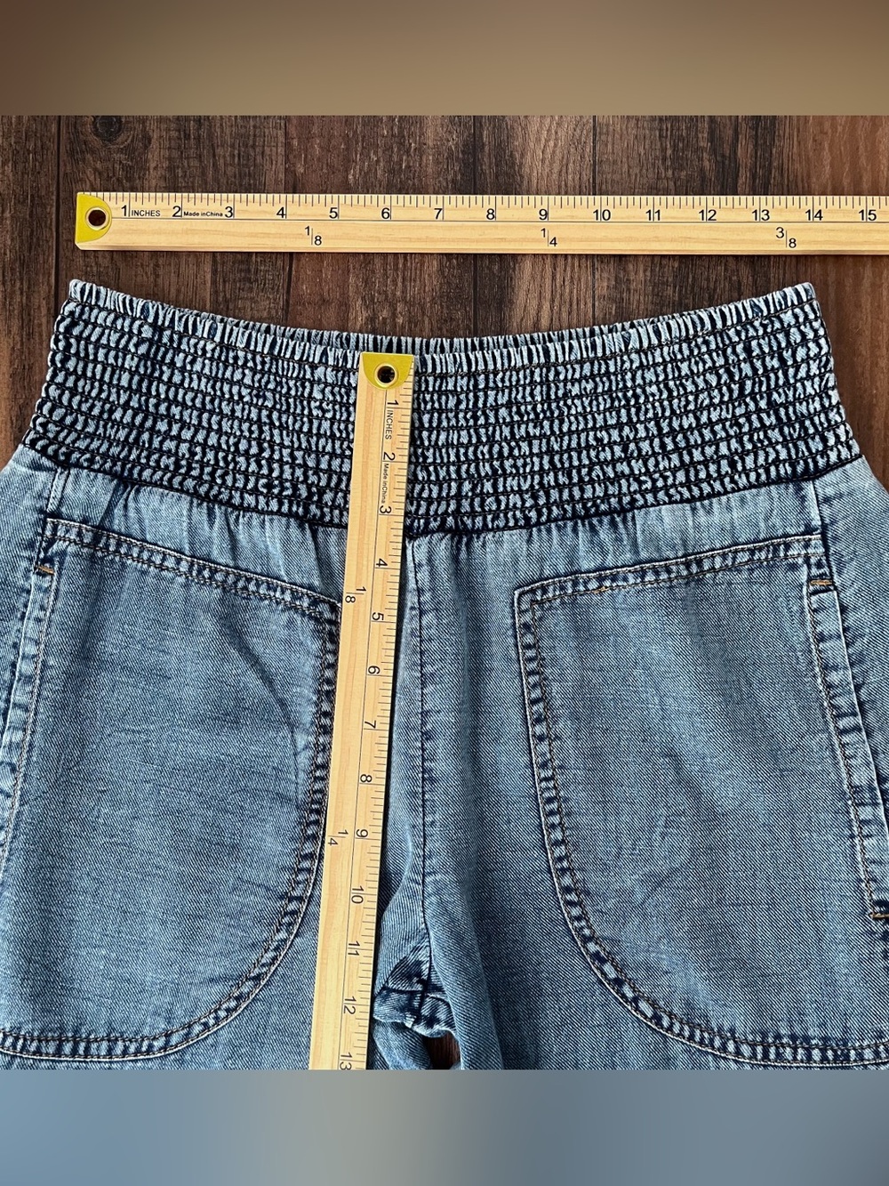 Anthropologie Pilcro Reese Barrel Leg Pull On Pants Smocked Cotton Size XS Blue - Picture 12 of 16